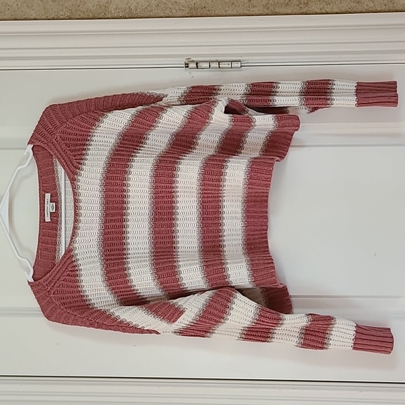 American Eagle Cropped Striped Knit Sweater Pink, White & Tan Large - Picture 3 of 8